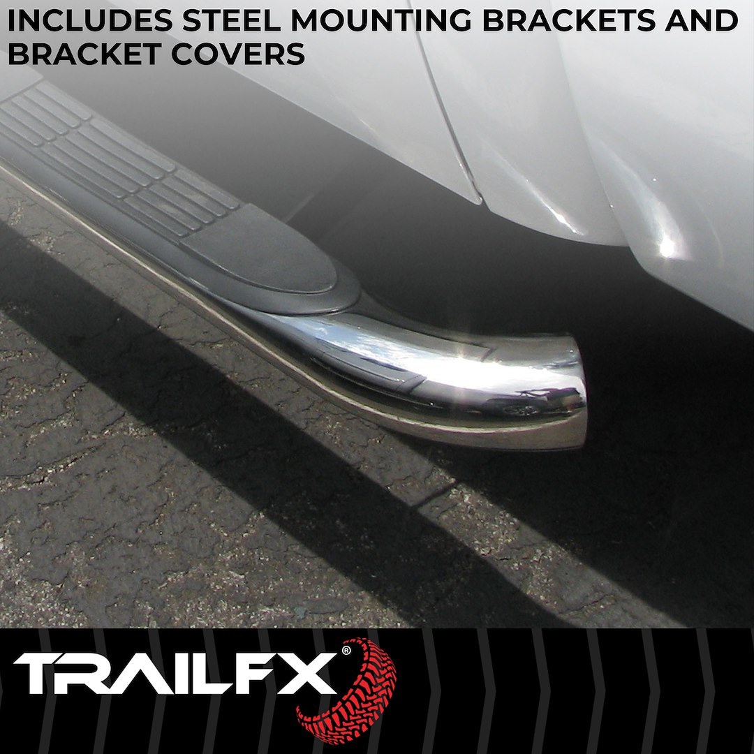 TrailFX Nerf Bar, Tfx Round Tube Side Steps, With Step Pads, 3 Inch Round Bent, Polished, Stainless Steel, Without End Caps – A0060S