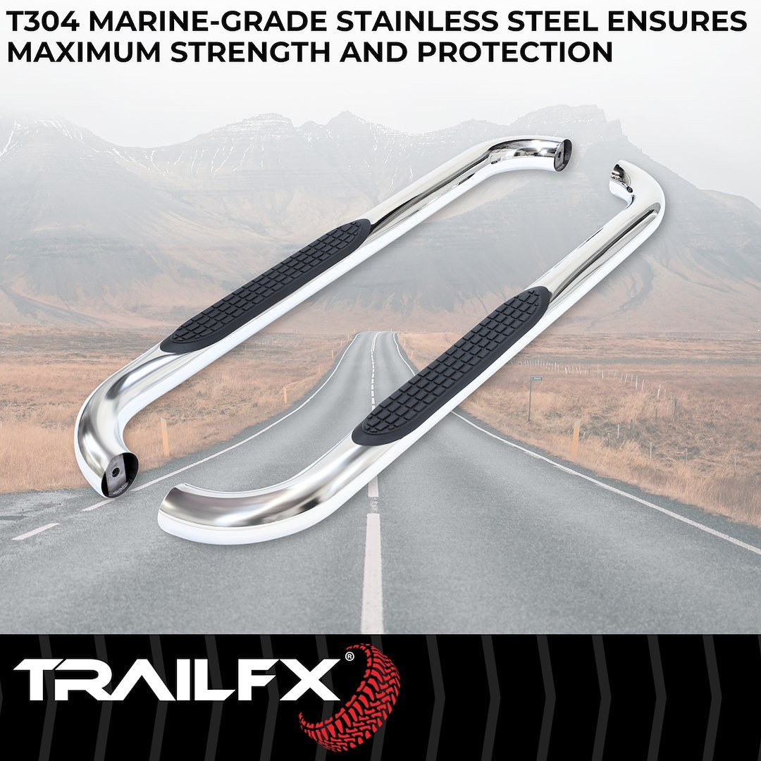TrailFX Nerf Bar, Tfx Round Tube Side Steps, With Step Pads, 3 Inch Round Bent, Polished, Stainless Steel, Without End Caps – A0061S