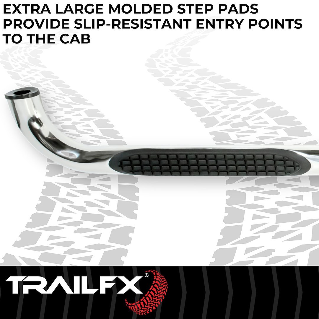 TrailFX Nerf Bar, Tfx Round Tube Side Steps, With Step Pads, 3 Inch Round Bent, Polished, Stainless Steel, Without End Caps – A0061S