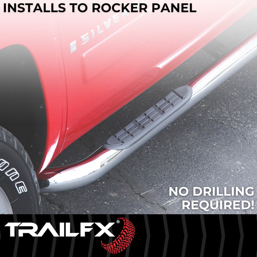 TrailFX Nerf Bar, Tfx Round Tube Side Steps, With Step Pads, 3 Inch Round Bent, Polished, Stainless Steel, Without End Caps – A0061S