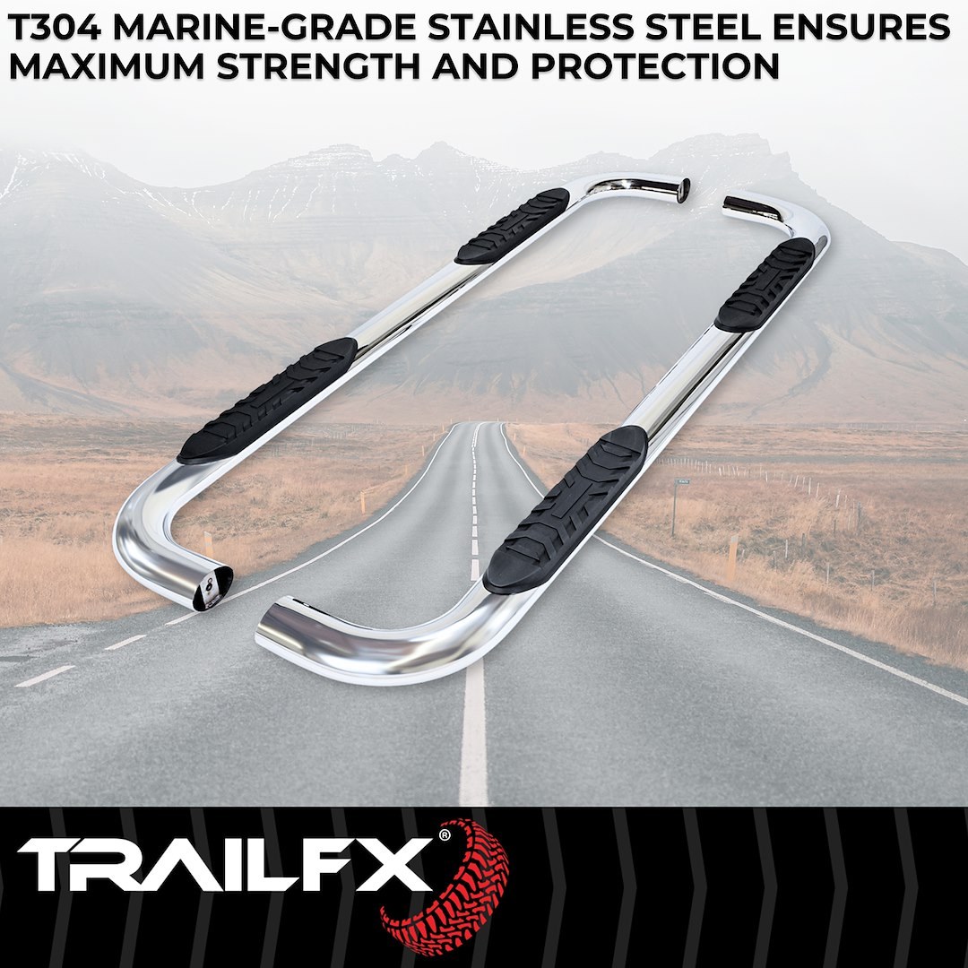 TrailFX Nerf Bar, Tfx 4″ Oval Tube Side Steps, With Step Pads, 4 Inch Oval Bent, Polished, Stainless Steel, With Welded End Caps – A1010S