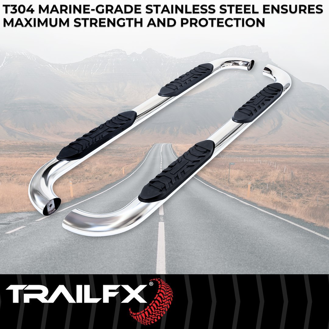 TrailFX Nerf Bar, Tfx 4″ Oval Tube Side Steps, With Step Pads, 4 Inch Oval Bent, Polished, Stainless Steel, With Welded End Caps – A1019S