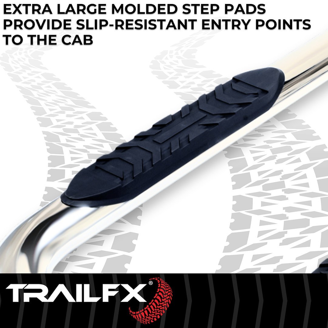 TrailFX Nerf Bar, Tfx 4″ Oval Tube Side Steps, With Step Pads, 4 Inch Oval Bent, Polished, Stainless Steel, With Welded End Caps – A1019S