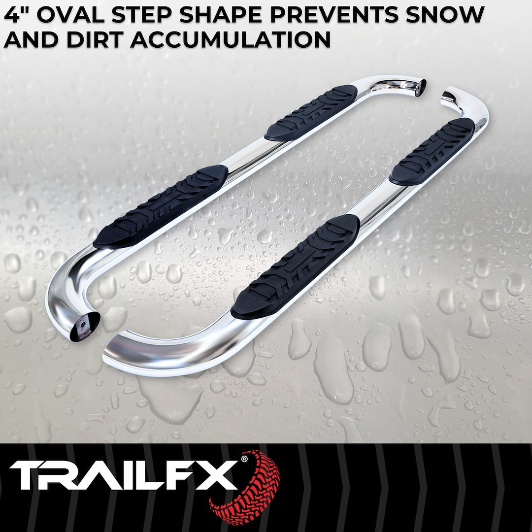 TrailFX Nerf Bar, Tfx 4″ Oval Tube Side Steps, With Step Pads, 4 Inch Oval Bent, Polished, Stainless Steel, With Welded End Caps – A1019S