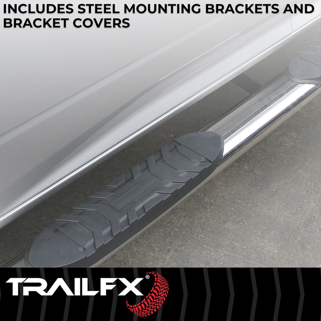 TrailFX Nerf Bar, Tfx 4″ Oval Tube Side Steps, With Step Pads, 4 Inch Oval Bent, Polished, Stainless Steel, With Welded End Caps – A1019S