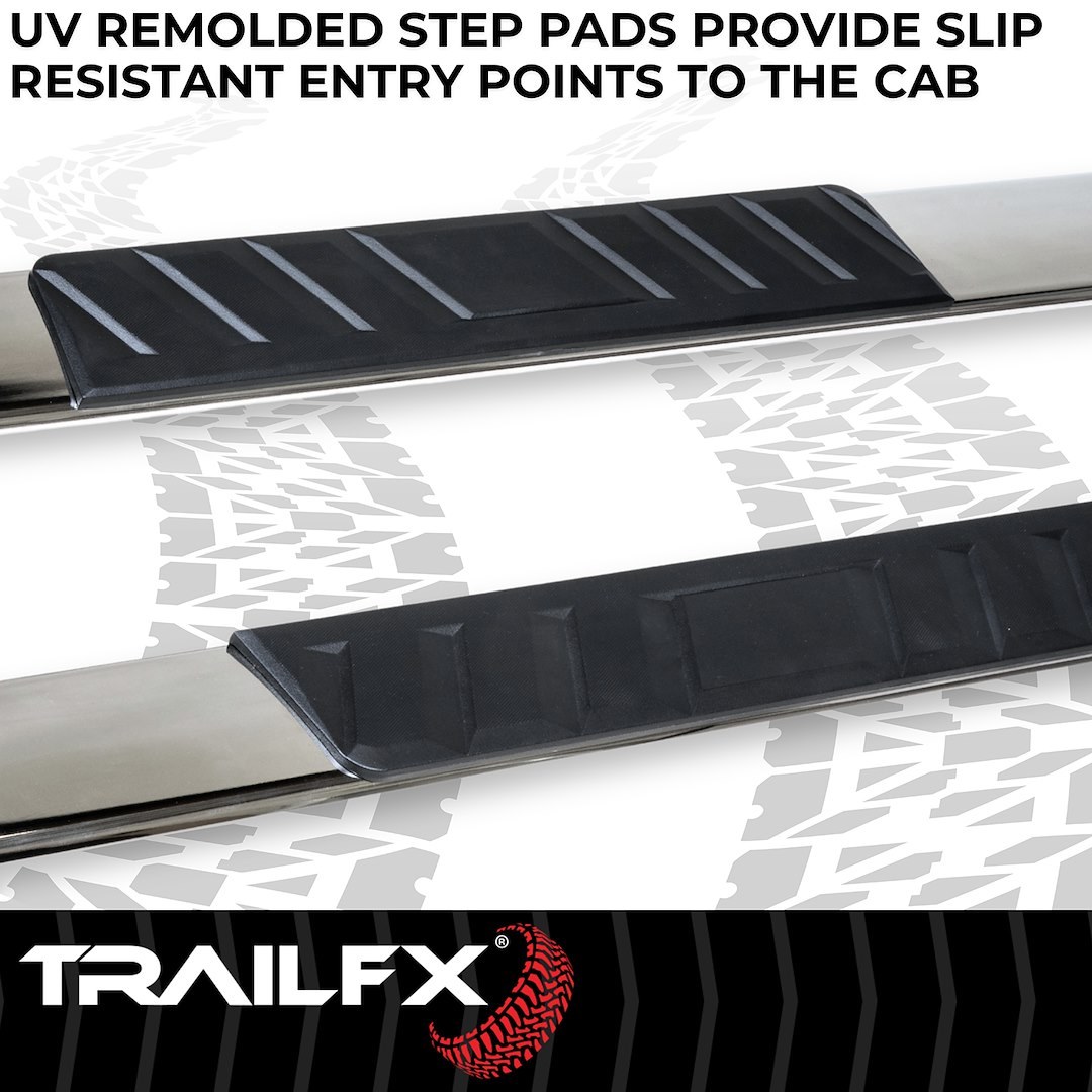 TrailFX Nerf Bar, Tfx 4″ Trapezoid Side Steps, With Step Pads, 4 Inch Trapezoidal Straight, Polished, Stainless Steel, With Plastic End Caps – A4002S