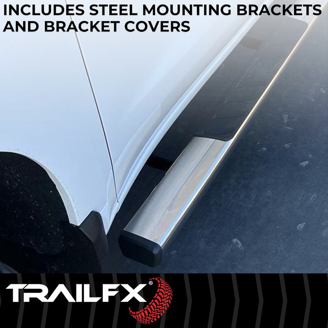 TrailFX Nerf Bar, Tfx 4″ Trapezoid Side Steps, With Step Pads, 4 Inch Trapezoidal Straight, Polished, Stainless Steel, With Plastic End Caps – A4002S
