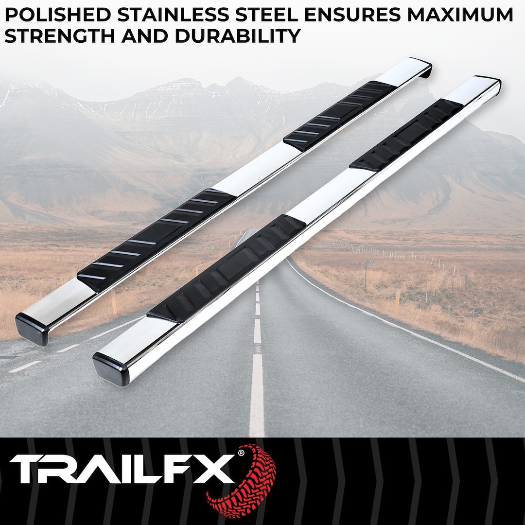 TrailFX Nerf Bar, Tfx 4″ Trapezoid Side Steps, With Step Pads, 4 Inch Trapezoidal Straight, Polished, Stainless Steel, With Plastic End Caps – A4012S