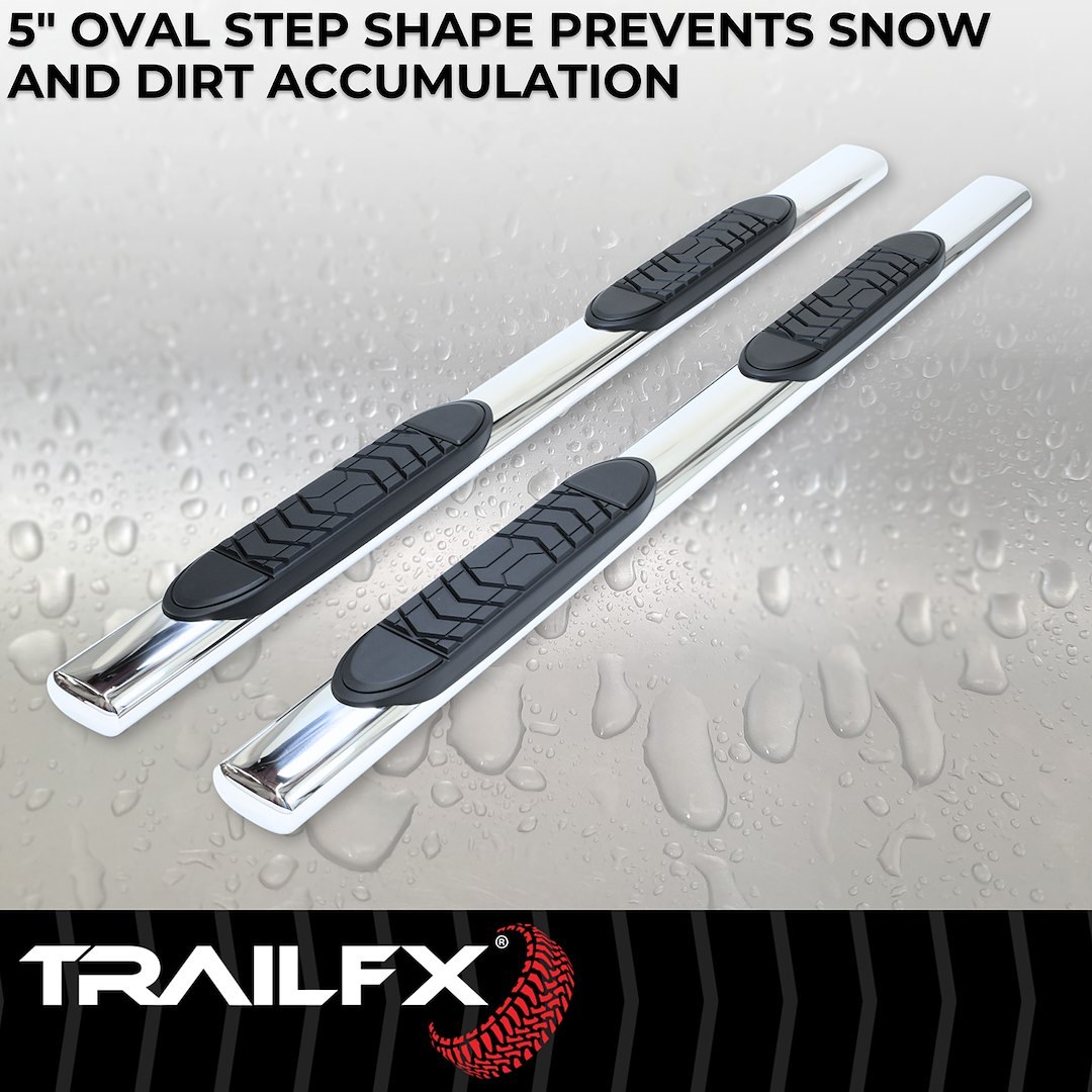 TrailFX Nerf Bar, Tfx 5″ Oval Straight Side Bars, With Step Pads, 5 Inch Oval Straight, Polished, Stainless Steel, With Welded End Caps – A7003S