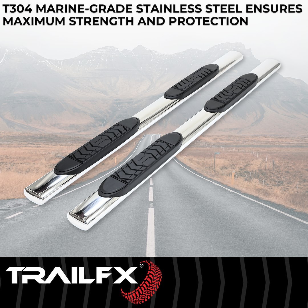 TrailFX Nerf Bar, Tfx 5″ Oval Straight Side Bars, With Step Pads, 5 Inch Oval Straight, Polished, Stainless Steel, With Welded End Caps – A7005S