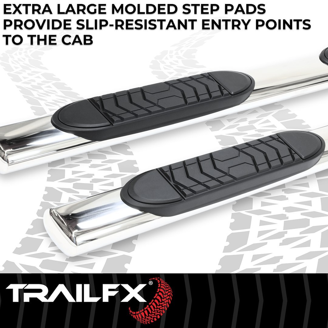 TrailFX Nerf Bar, Tfx 5″ Oval Straight Side Bars, With Step Pads, 5 Inch Oval Straight, Polished, Stainless Steel, With Welded End Caps – A7005S