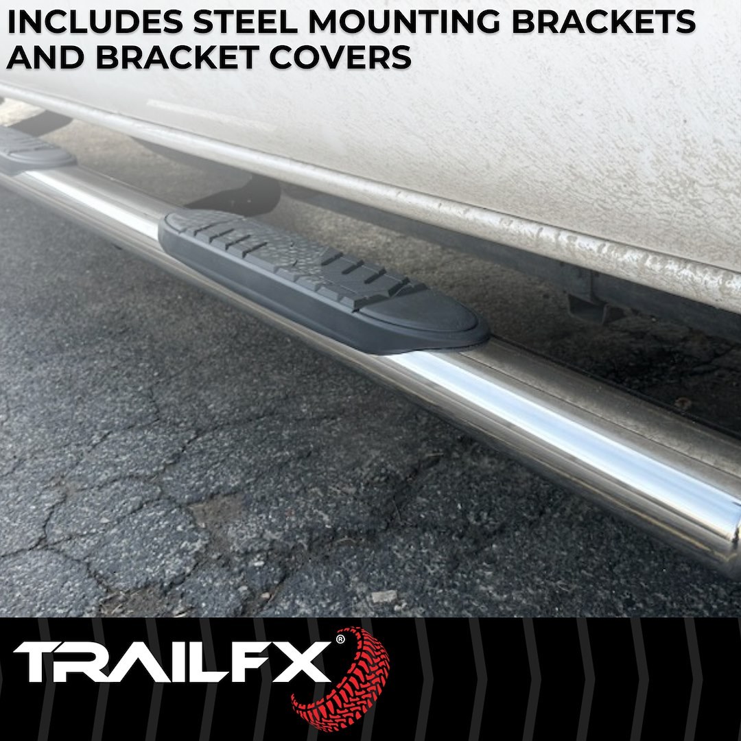 TrailFX Nerf Bar, Tfx 5″ Oval Straight Side Bars, With Step Pads, 5 Inch Oval Straight, Polished, Stainless Steel, With Welded End Caps – A7005S