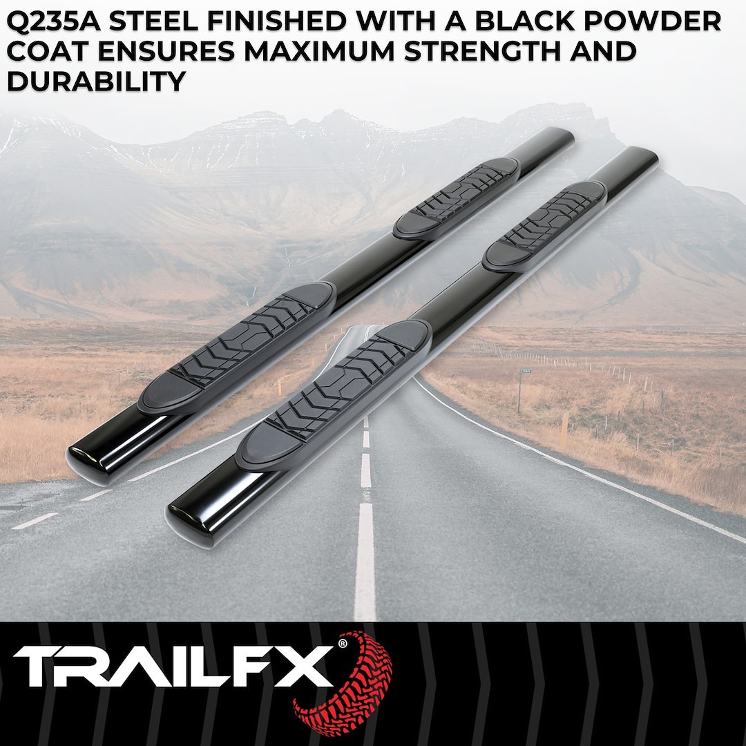 TrailFX Nerf Bar, Tfx 5″ Oval Straight Side Bars, With Step Pads, 5 Inch Oval Straight, Powder Coated, Black, Steel, With Welded End Caps – A7009B