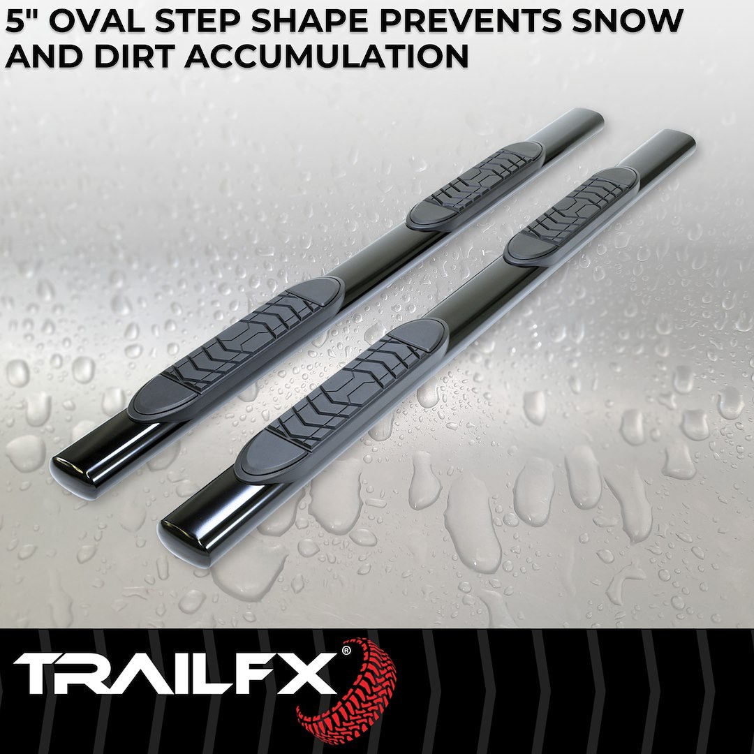 TrailFX Nerf Bar, Tfx 5″ Oval Straight Side Bars, With Step Pads, 5 Inch Oval Straight, Powder Coated, Black, Steel, With Welded End Caps – A7009B