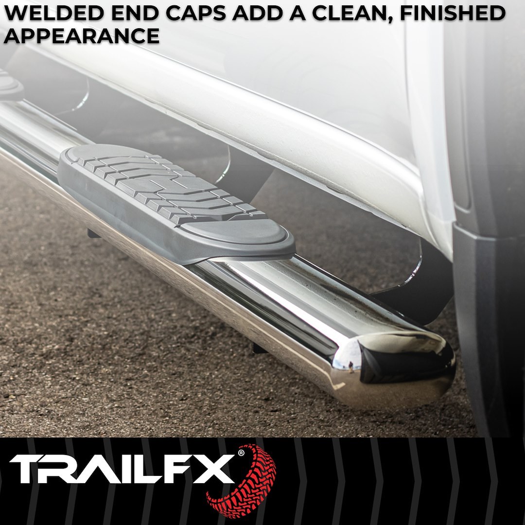 TrailFX Nerf Bar, Tfx 5″ Oval Straight Side Bars, With Step Pads, 5 Inch Oval Straight, Polished, Stainless Steel, With Welded End Caps – A7038S