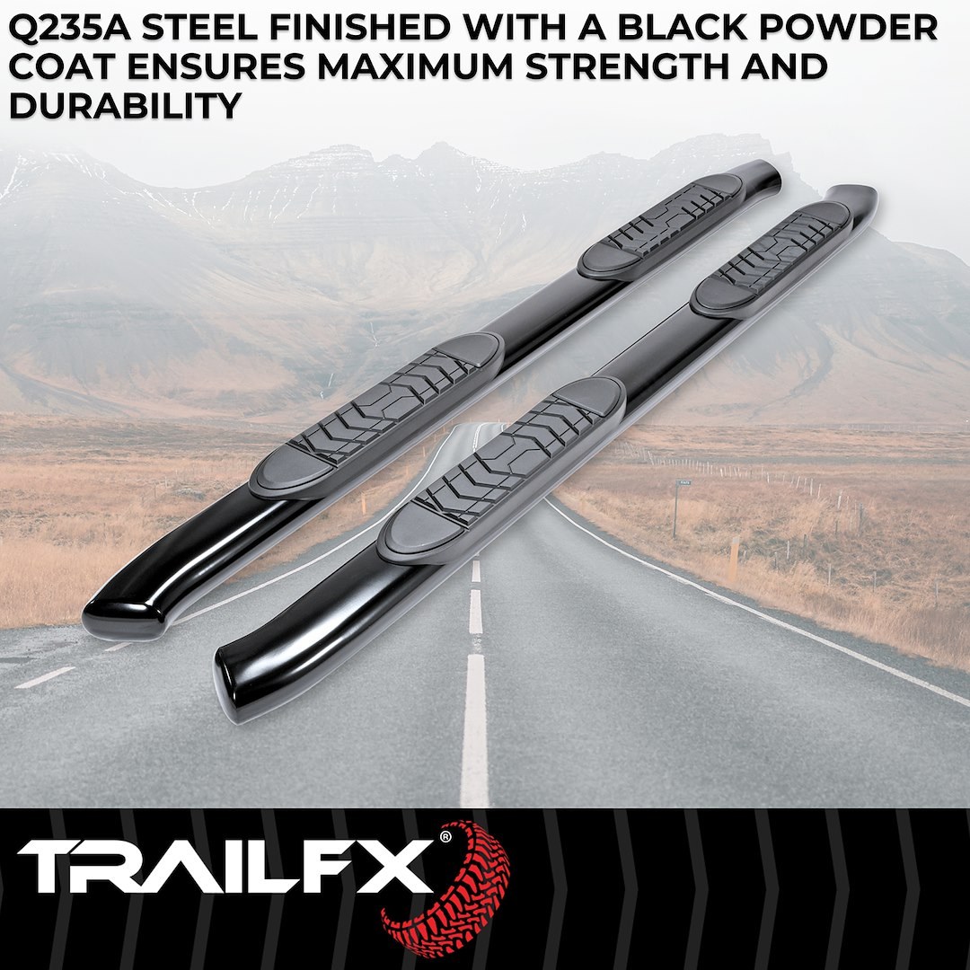 TrailFX Nerf Bar, Tfx 5″ Oval Bent Side Bars, With Step Pads, 5 Inch Oval Bent, Powder Coated, Black, Steel, With Welded End Caps – A7063B