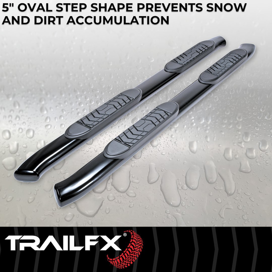 TrailFX Nerf Bar, Tfx 5″ Oval Bent Side Bars, With Step Pads, 5 Inch Oval Bent, Powder Coated, Black, Steel, With Welded End Caps – A7063B