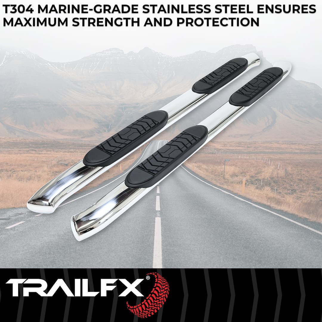 TrailFX Nerf Bar, Tfx 5″ Oval Bent Side Bars, With Step Pads, 5 Inch Oval Bent, Polished, Stainless Steel, With Welded End Caps – A7085S