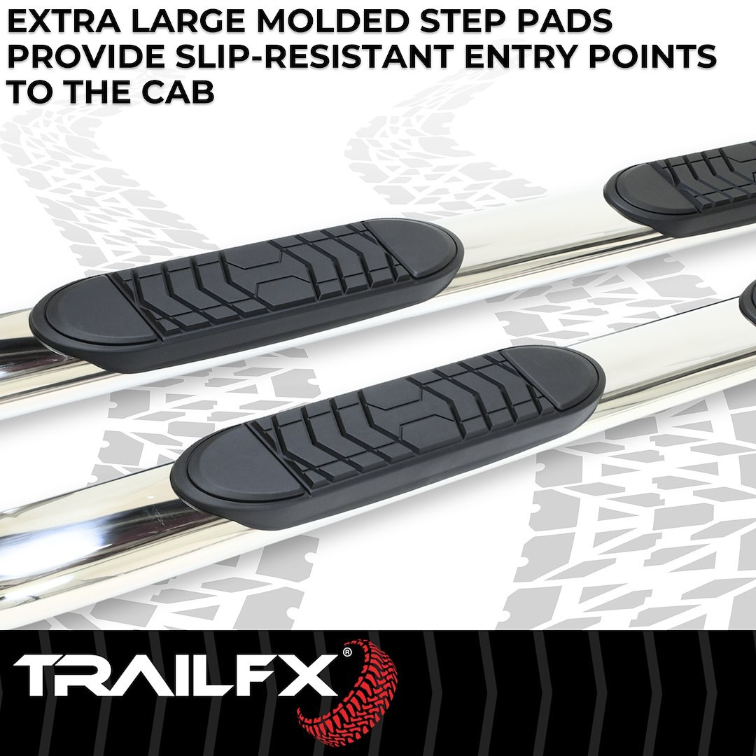 TrailFX Nerf Bar, Tfx 5″ Oval Bent Side Bars, With Step Pads, 5 Inch Oval Bent, Polished, Stainless Steel, With Welded End Caps – A7085S