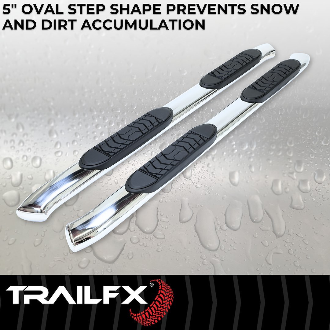 TrailFX Nerf Bar, Tfx 5″ Oval Bent Side Bars, With Step Pads, 5 Inch Oval Bent, Polished, Stainless Steel, With Welded End Caps – A7085S