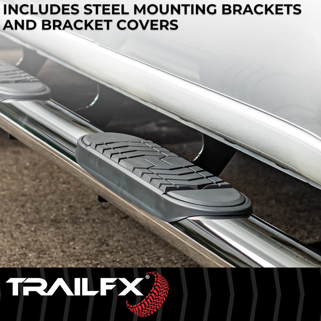 TrailFX Nerf Bar, Tfx 5″ Oval Bent Side Bars, With Step Pads, 5 Inch Oval Bent, Polished, Stainless Steel, With Welded End Caps – A7085S