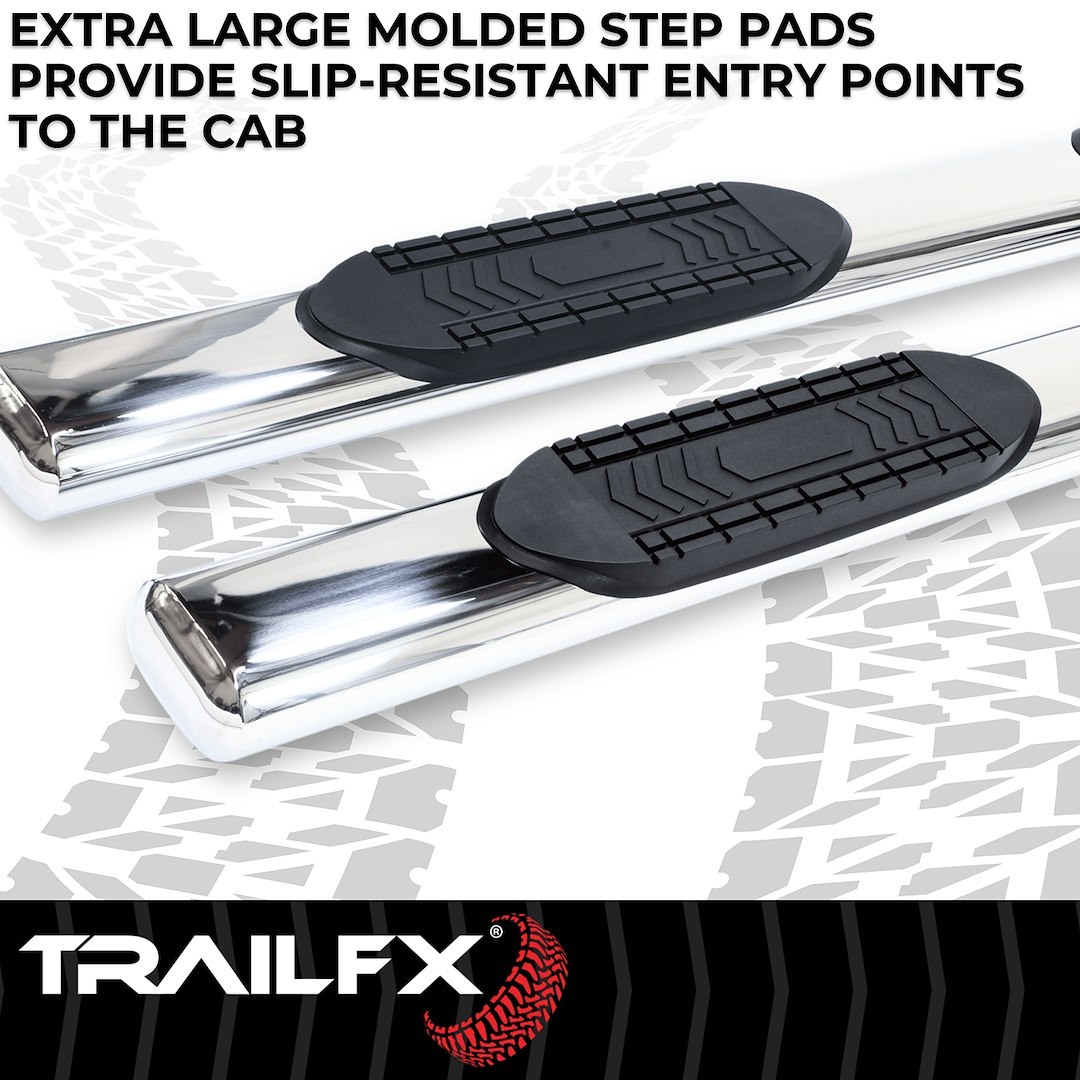 TrailFX Nerf Bar, Tfx 6″ Oval Straight Side Bars, With Step Pads, 6 Inch Oval Straight, Polished, Stainless Steel, With Welded End Caps – A8254S