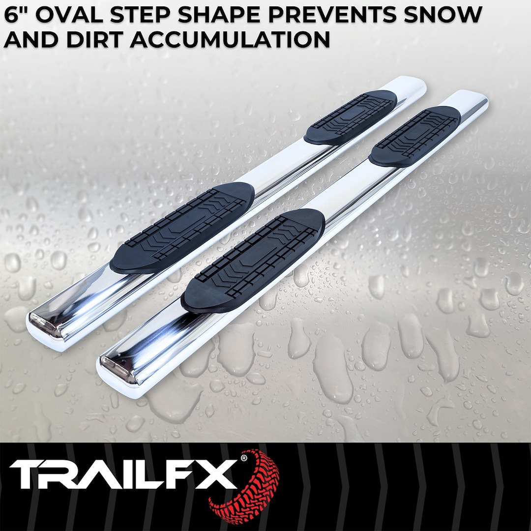 TrailFX Nerf Bar, Tfx 6″ Oval Straight Side Bars, With Step Pads, 6 Inch Oval Straight, Polished, Stainless Steel, With Welded End Caps – A8254S