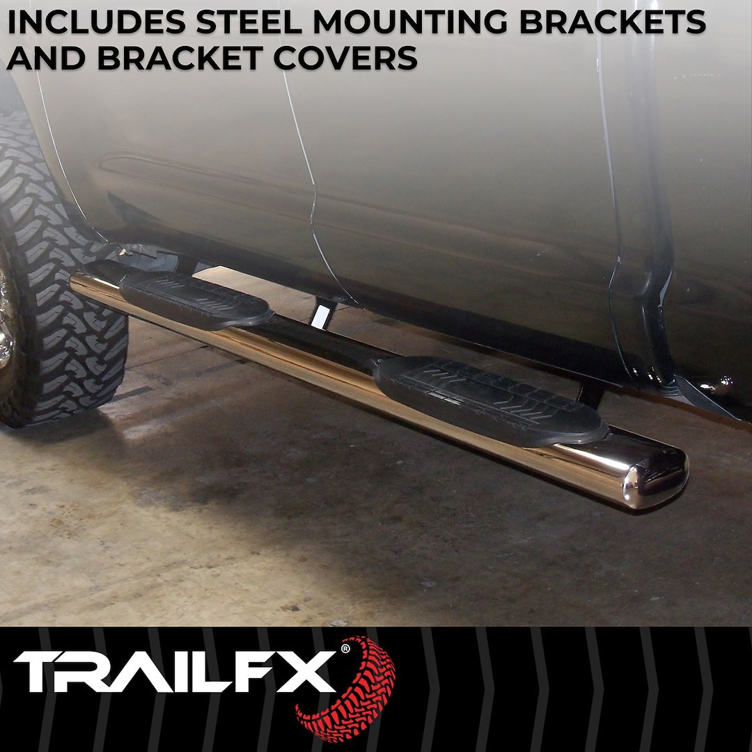 TrailFX Nerf Bar, Tfx 6″ Oval Straight Side Bars, With Step Pads, 6 Inch Oval Straight, Polished, Stainless Steel, With Welded End Caps – A8254S