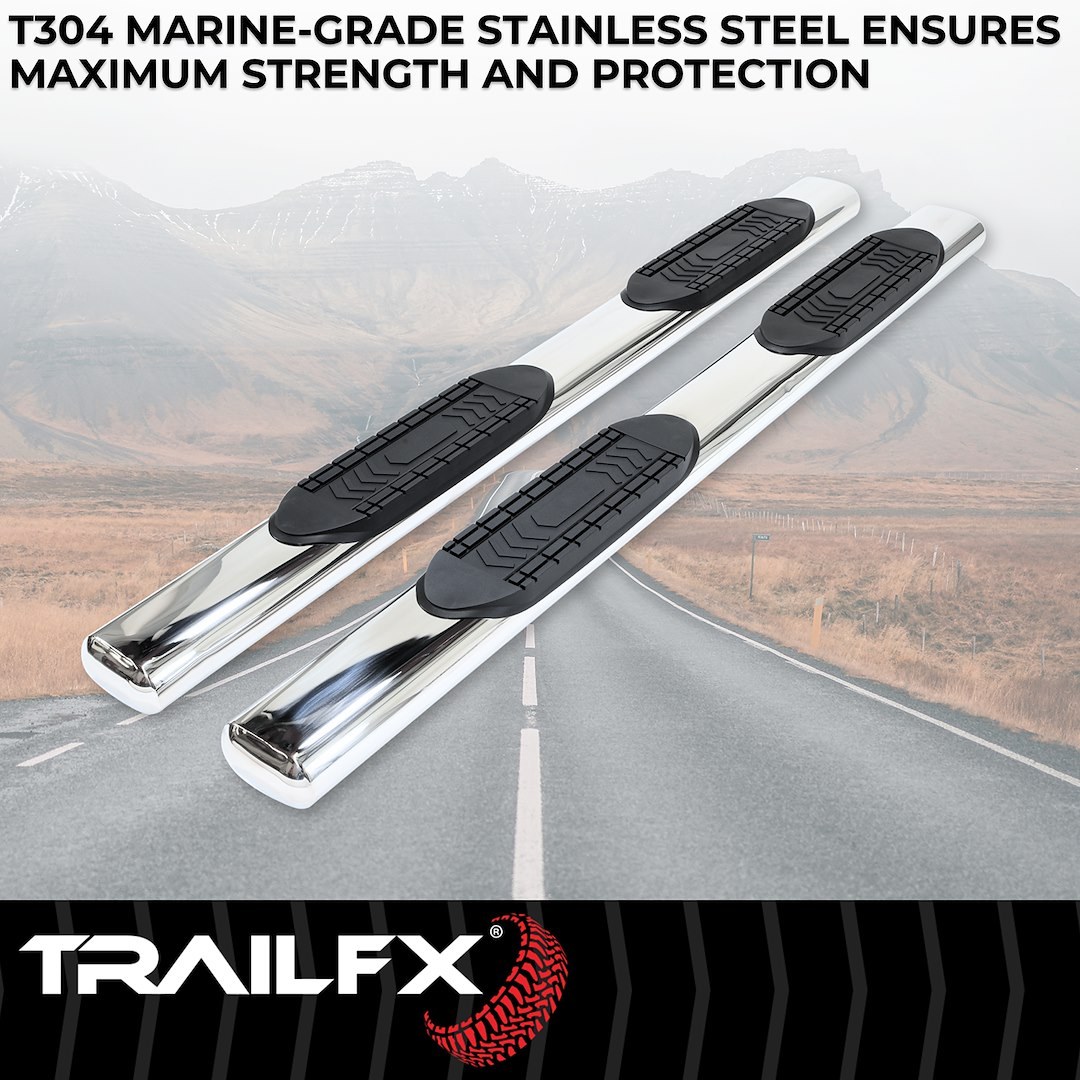 TrailFX Nerf Bar, Tfx 6″ Oval Straight Side Bars, With Step Pads, 6 Inch Oval Straight, Polished, Stainless Steel, With Welded End Caps – A8255S
