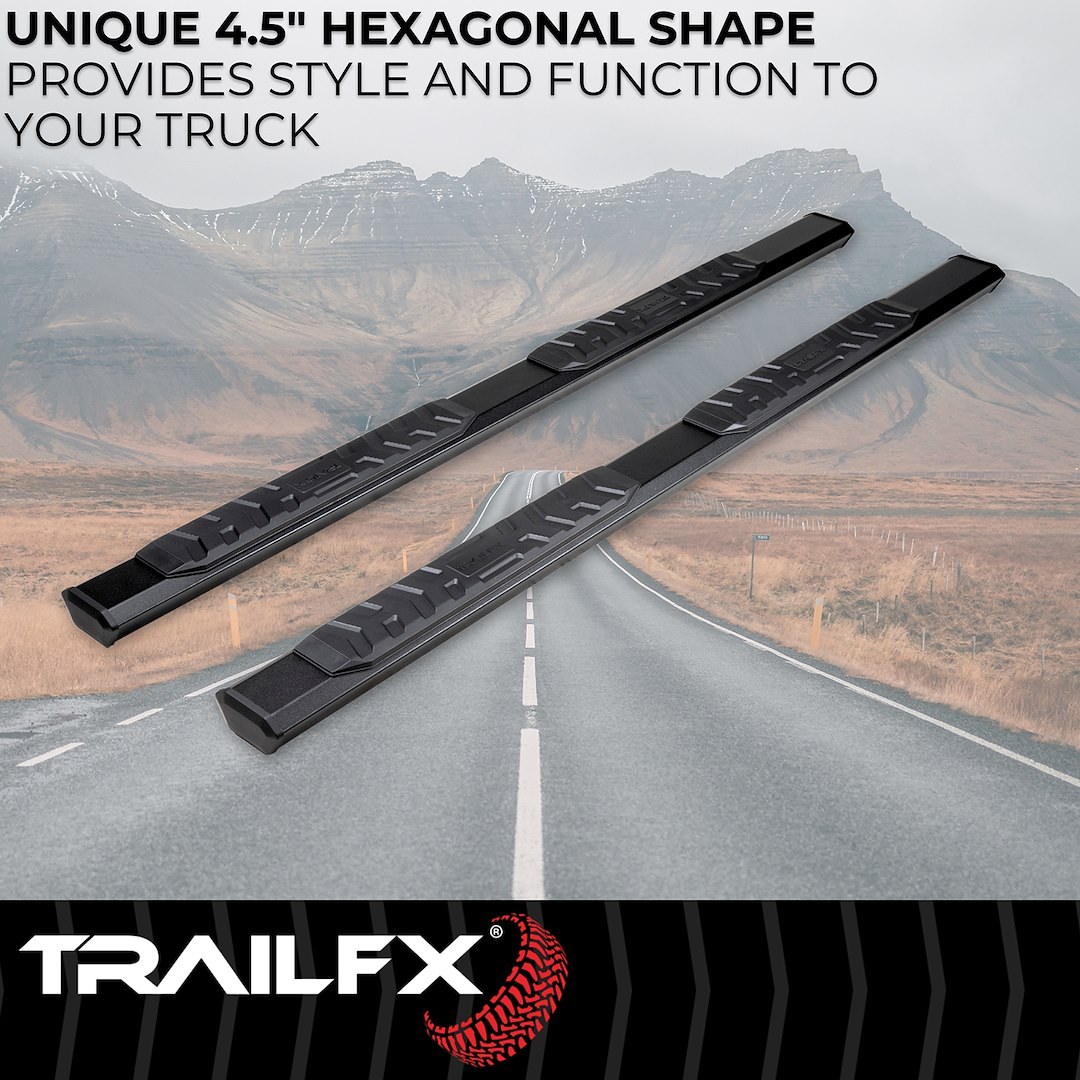 TrailFX Nerf Bar, Trailfx A4 Series, With Step Pads, 4-1/2 Inch Hexagonal Straight, Powder Coated, Titanium Black, Aluminum – AL4012B