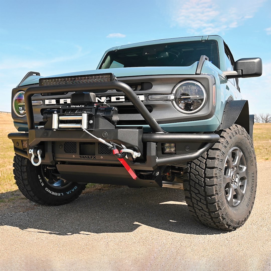 TrailFX Bumper, Trailfx Bronco Products, One Piece Design, Direct-Fit, Mounting Hardware Included, With Winch Mount, With Pre Runner Guard – BR002T