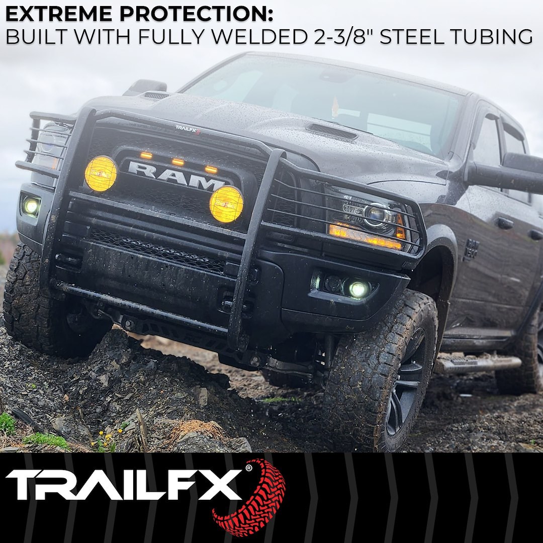 TrailFX Grille Guard, Tfx Grille Guards, 1-Piece, Black Textured Powder Coated, Steel, 1-1/2 Inch Diameter, With Brush Guard – E0048T