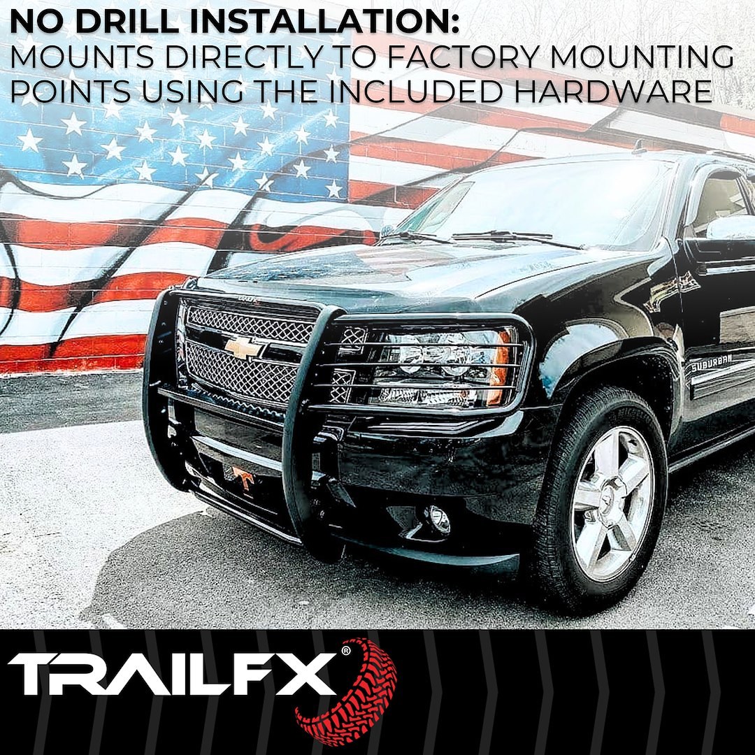 TrailFX Grille Guard, Tfx Grille Guards, 1-Piece, Black Textured Powder Coated, Steel, 1-1/2 Inch Diameter, With Brush Guard – E0048T