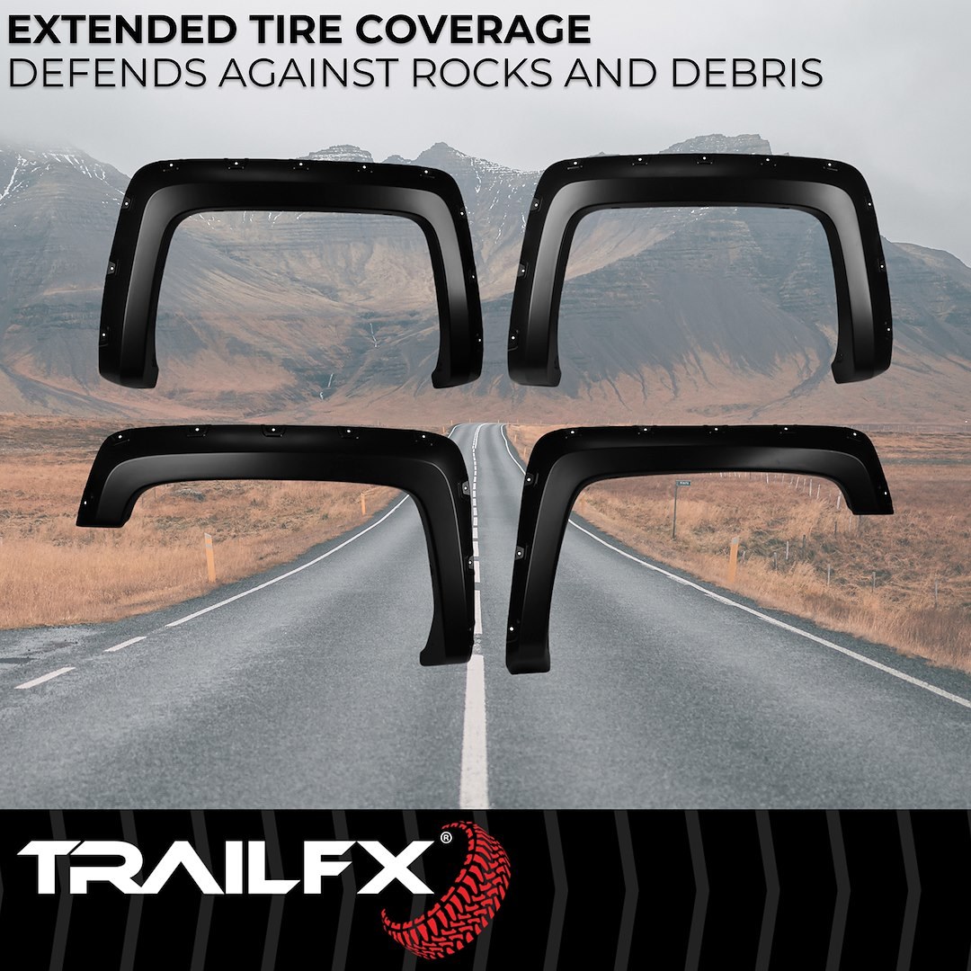 TrailFX Fender Flare, Tfx Fender Flares, Pocket Style, 2 Inch Front and 1-3/4 Inch Rear Tire Coverage, Black Smooth Paintable Finish – TFC3002S