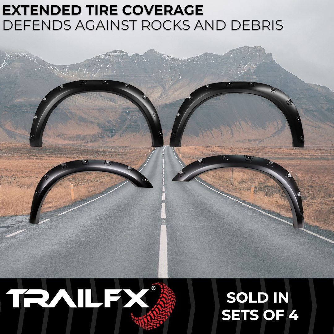 TrailFX Fender Flare, Tfx Fender Flares, Pocket Style, 2 Inch Front and 2-1/2 Inch Rear Tire Coverage, Black Smooth Paintable Finish – TFD3006S