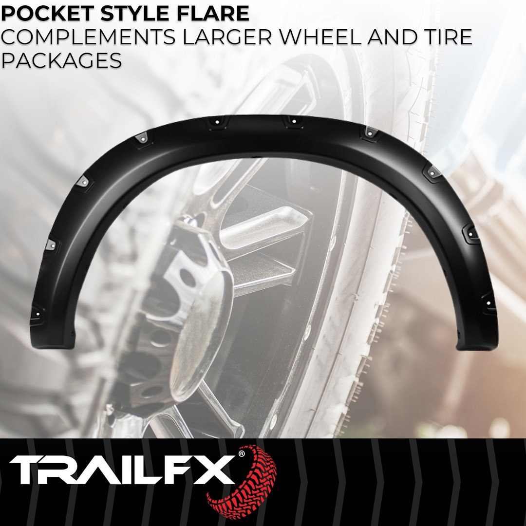 TrailFX Fender Flare, Tfx Fender Flares, Pocket Style, 2 Inch Front and 2-1/2 Inch Rear Tire Coverage, Black Smooth Paintable Finish – TFD3006S