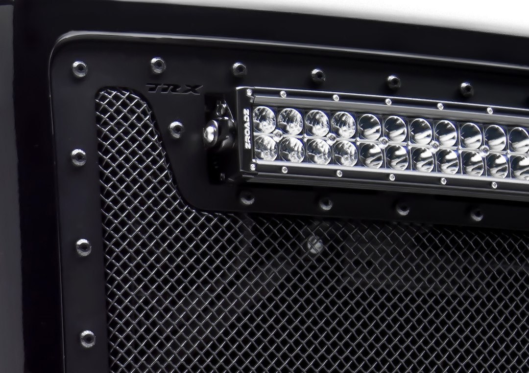 T-Rex Grille Insert, Stealth Torch Series, Overlay, Mesh Style, With One 20 Inch LED Light Bar, Powder Coated, Black, Steel – 6319491-BR