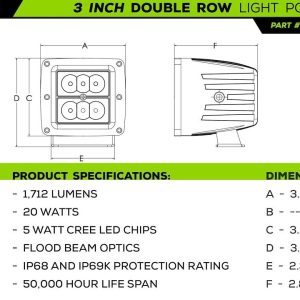 T-Rex Driving/ Fog Light, LED Bulb, 5 Watt Cree LED, 3 Inch Square, 20 Watt, Flood Beam, 1712 Lumens, Black Steel Housing – Z362281-KIT4