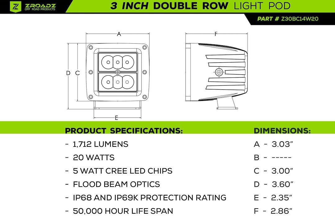 T-Rex Driving/ Fog Light, LED Bulb, 5 Watt Cree LED, 3 Inch Square, 20 Watt, Flood Beam, 1712 Lumens, Black Steel Housing – Z362281-KIT4