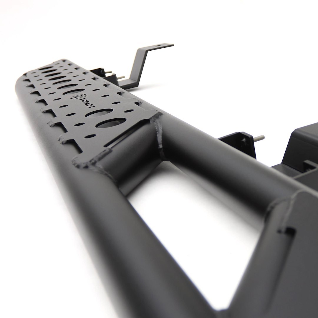 T-Rex Nerf Bar, With Step Plate, 2 Inch Round Tube, Powder Coated, Black, Mild Steel, With Welded End Caps, Rocker Panel Mount – Z745421