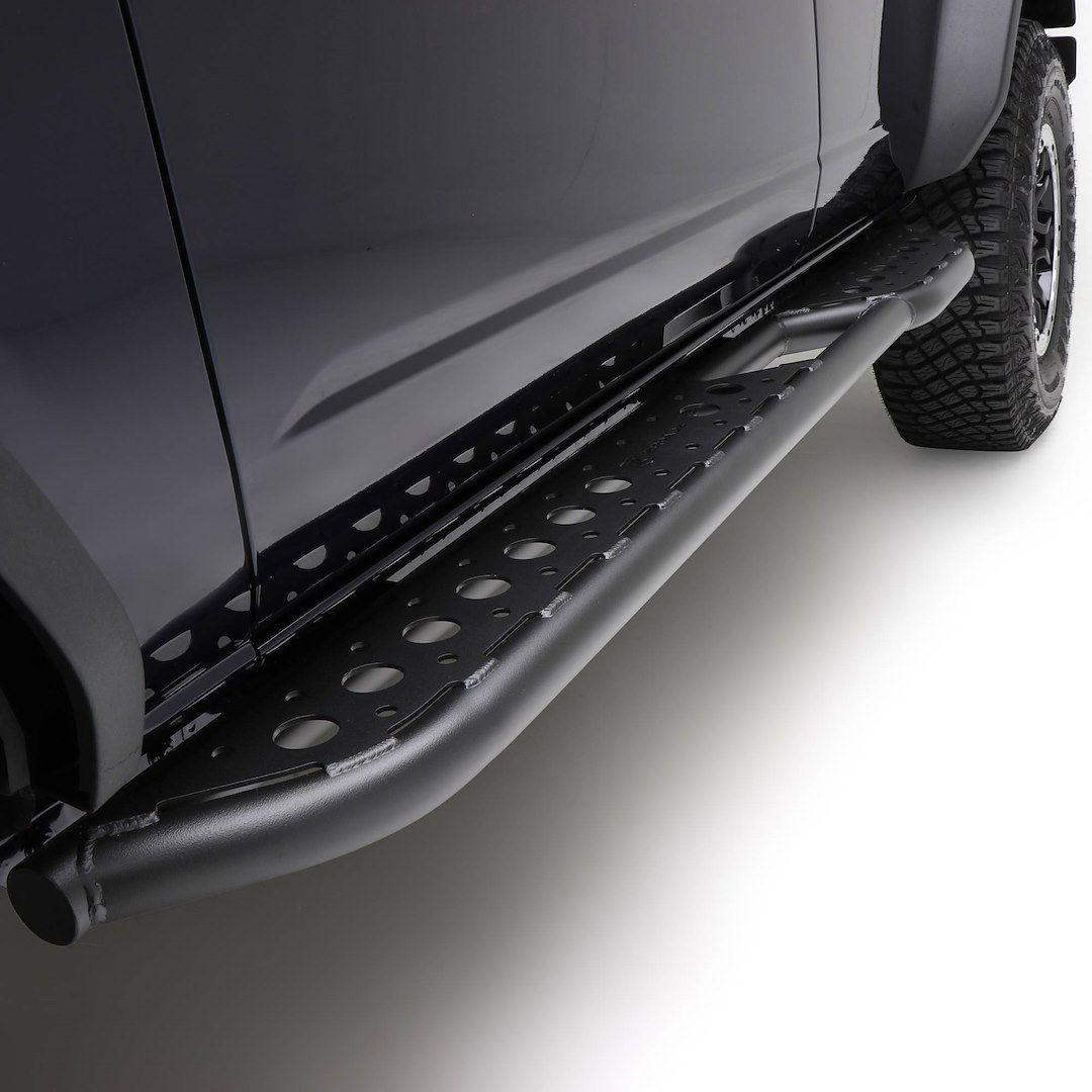 T-Rex Nerf Bar, With Step Plate, 2 Inch Round Tube, Powder Coated, Black, Mild Steel, With Welded End Caps, Rocker Panel Mount – Z745421