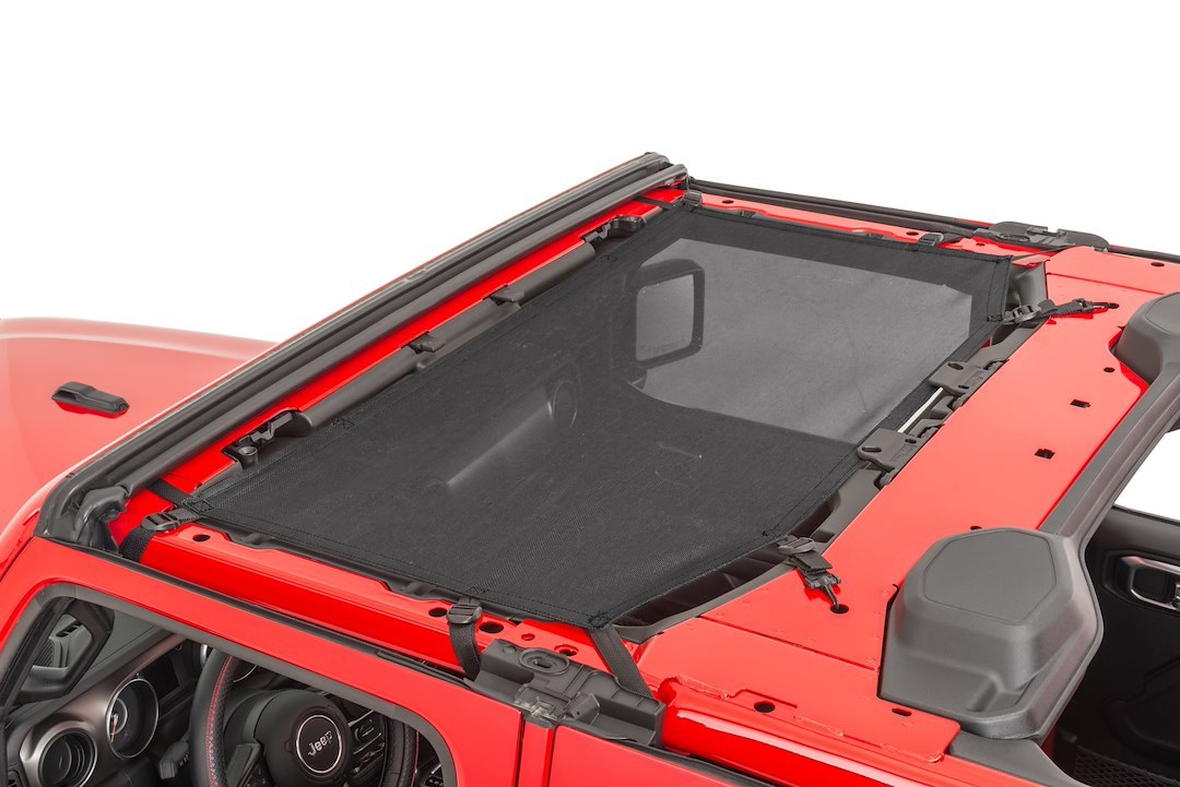 TrailFX Bikini Top, Mesh, Black, Secures to Windshield and Roll Bar, One Piece, Fits with Factory Hard Top or Soft Top – MBT002