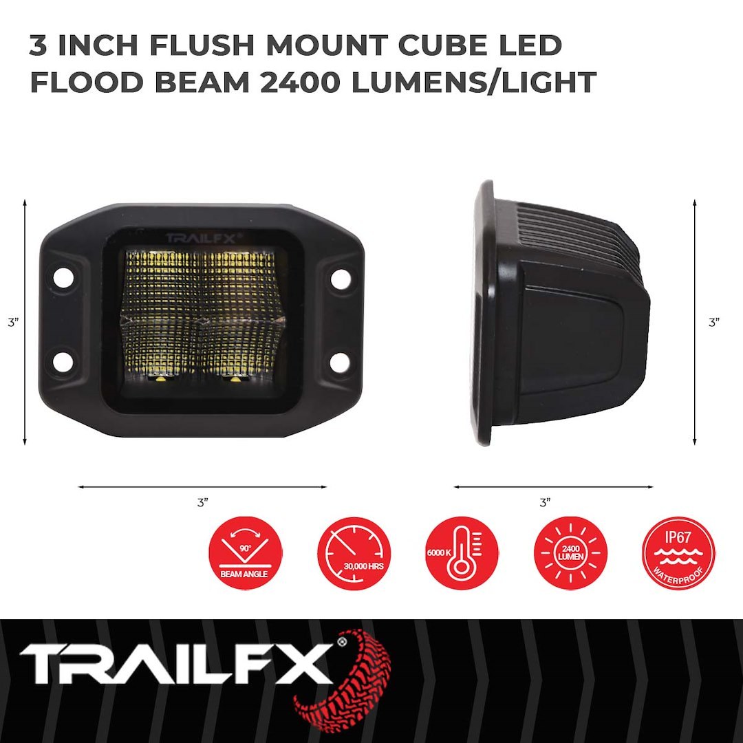 TrailFX Driving/ Fog Light, Tfx LED Lights, LED Bulb, 4 Clear OSRAM5 LED 5 Watt Bulbs, 3 Inch Flush Mount Cube, 20 Watt – 2X2CFFMB