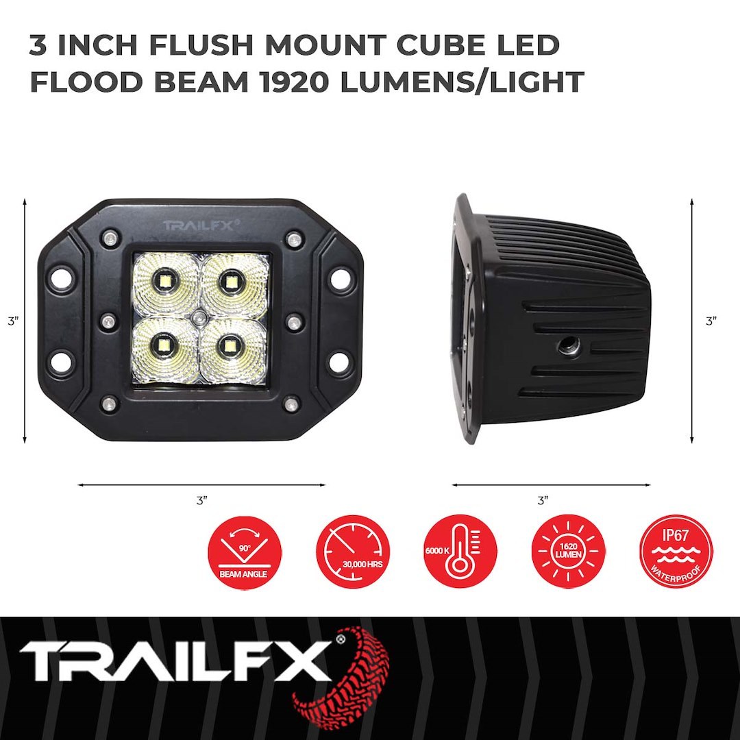 TrailFX Driving/ Fog Light, Tfx LED Lights, LED Bulb, 4 Clear Cree LED 5 Watt Bulbs, 3 Inch Cube, 20 Watt, 90 Degree Flood Beam – 2X2CFFMPR