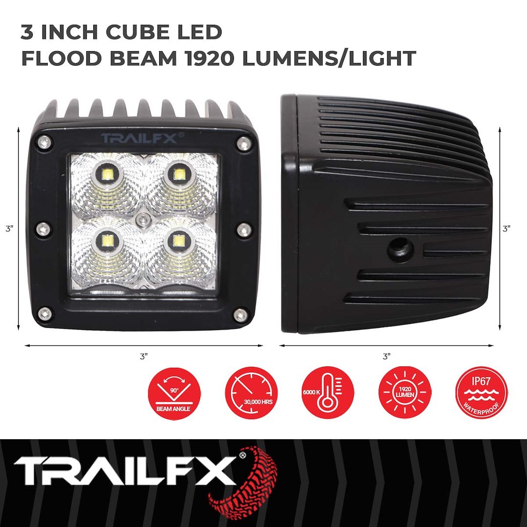 TrailFX Driving/ Fog Light, Tfx LED Lights, LED Bulb, 4 Clear Cree LED 5 Watt Bulbs, 3 Inch Cube, 20 Watt, 90 Degree Flood Beam – 2X2CFPR