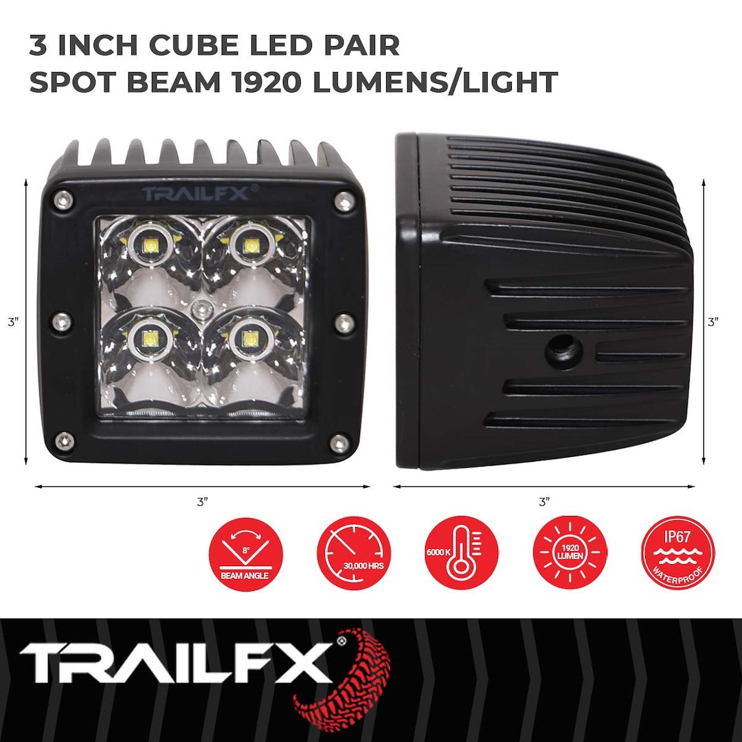 TrailFX Driving/ Fog Light, Tfx LED Lights, LED Bulb, 4 Clear Cree LED 5 Watt Bulbs, 3 Inch Cube, 20 Watt, 8 Degree Spot Beam – 2X2CSPPR
