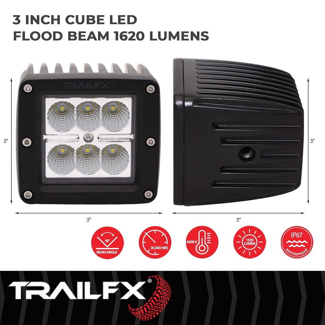 TrailFX Driving/ Fog Light, Tfx LED Lights, LED Bulb, 6 Clear Cree LED 3 Watt Bulbs, 3 Inch Cube, 20 Watt, 90 Degree Flood Beam – 3X2CFPR