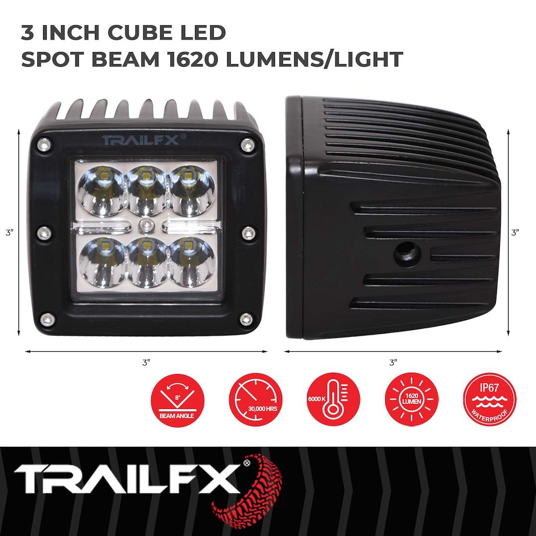 TrailFX Driving/ Fog Light, Tfx LED Lights, LED Bulb, 6 Clear Cree LED 3 Watt Bulbs, 3 Inch Cube, 20 Watt, 8 Degree Spot Beam – 3X2CSPPR