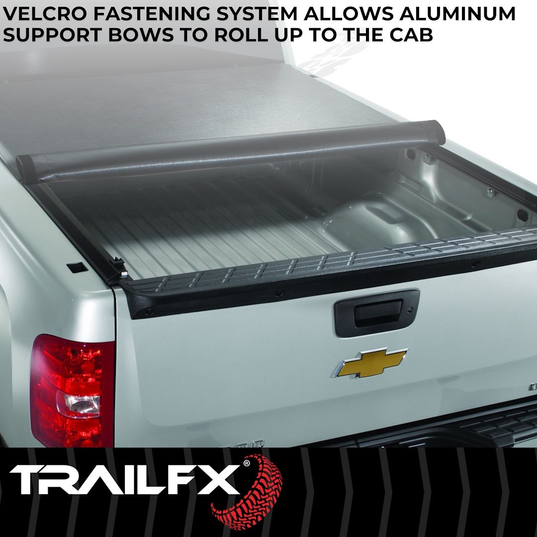 TrailFX Tonneau Cover, Tfx Soft Rolling, Soft Roll-Up Hook and Loop, Lockable with Tailgate Lock, Black Vinyl with Aluminum Rails – TFX3206