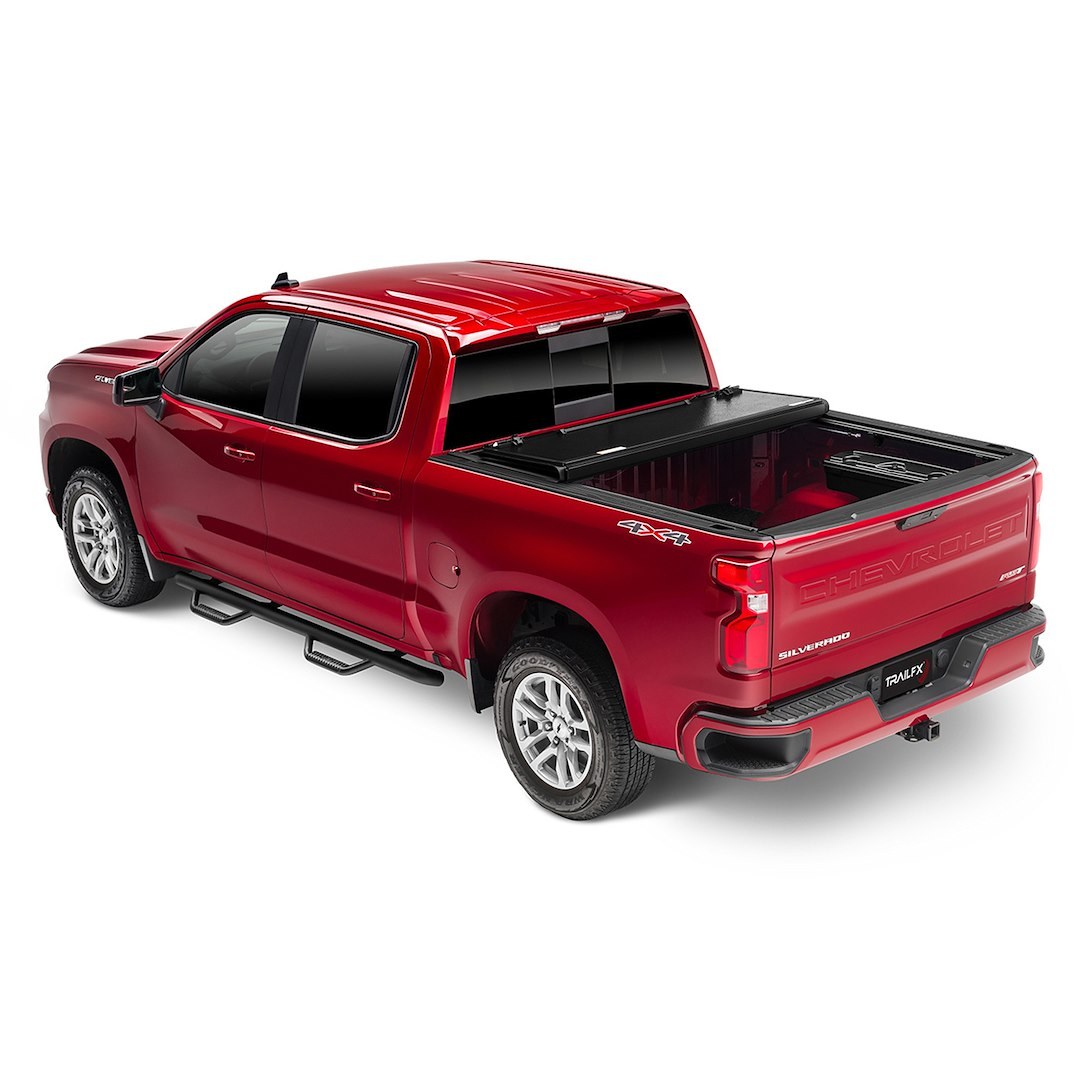 TrailFX Tonneau Cover, HF3 Hard Tri-Fold, Hard Folding, 3 Folds/ 3 Panels, 3 Riding Positions, Lockable, Gloss Black, Aluminum – TFX8006